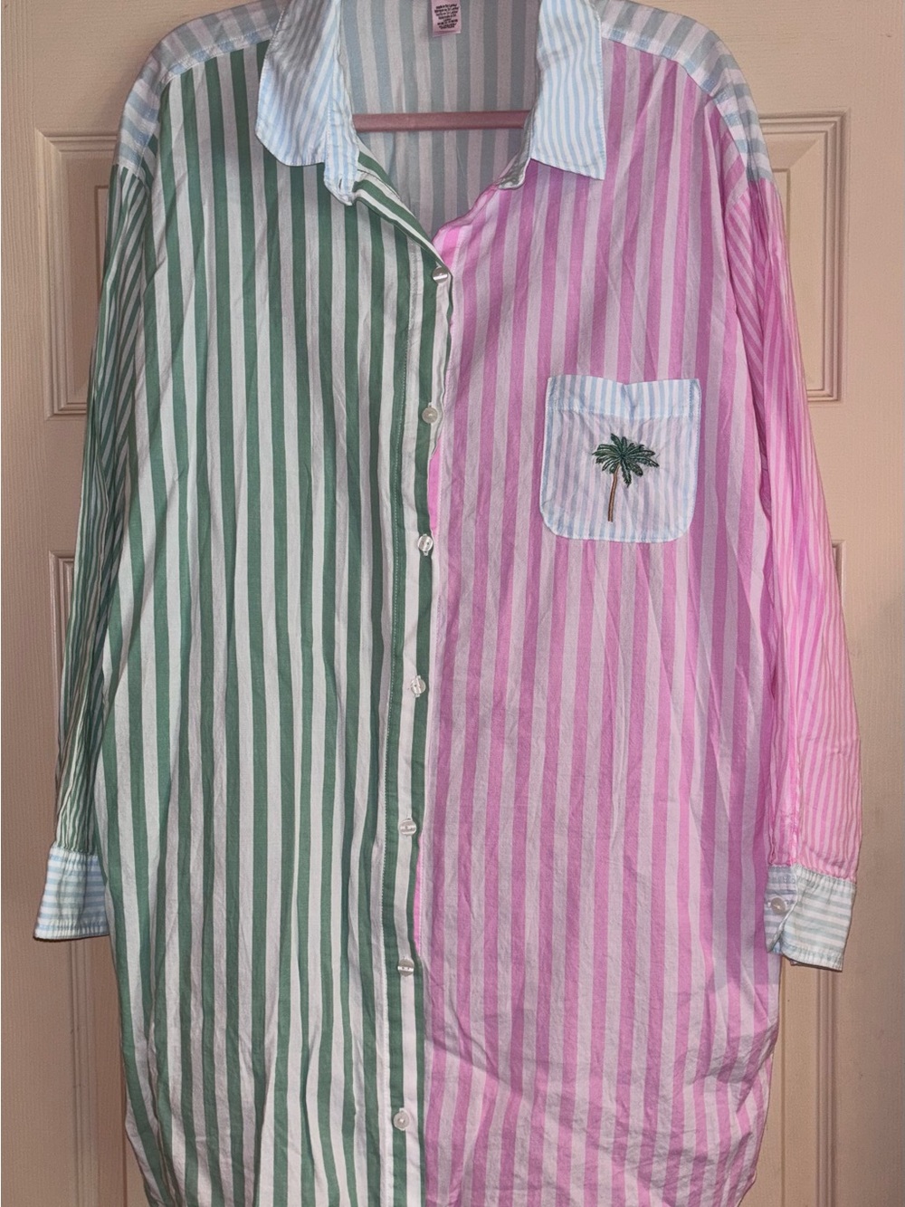 Victoria's Secret Green & Pink Striped Button-Down Sleep Shirt with Palm Pocket